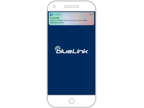 Snímek obrazovky s upozorněním Hyundai Bluelink na smartphonu: upozornění na detekci pokusu o krádež.